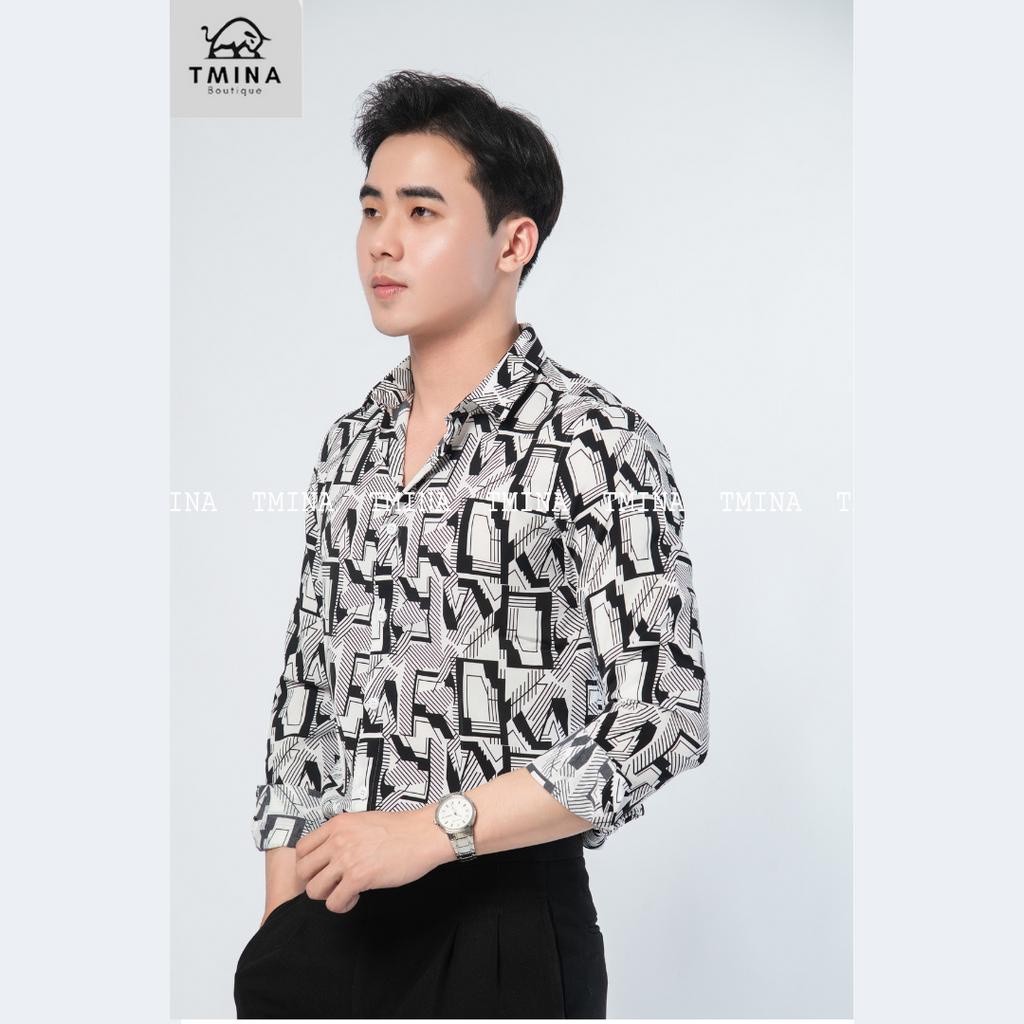 Áo sơ mi họa tiết vải lụa chống nhăn thoáng mát tay dài TMINA SMD08