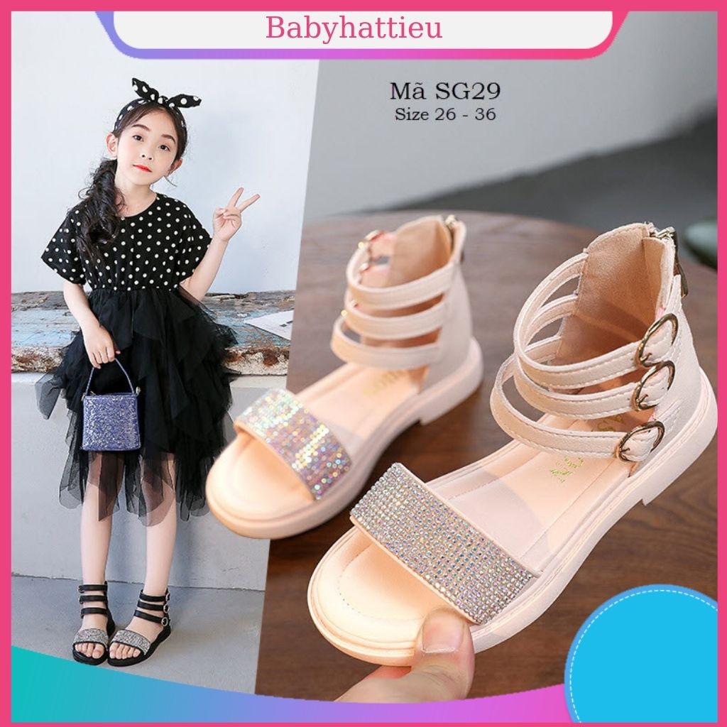 Sandal cho bé gái SG29 babyhattieu màu hồng cho trẻ em 3 - 12 tuổi chống trơn trượt có khóa kéo mang êm không đau chân