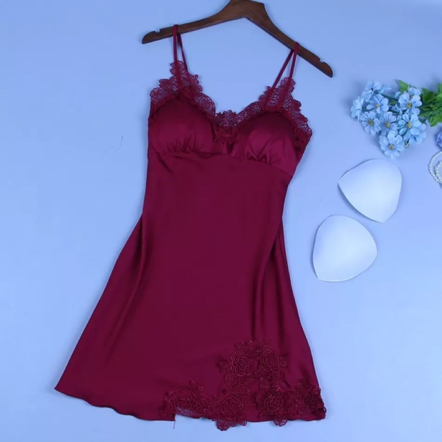 Váy ngủ 2 dây Lụa sexy kèm mút ngực ( sẵn )