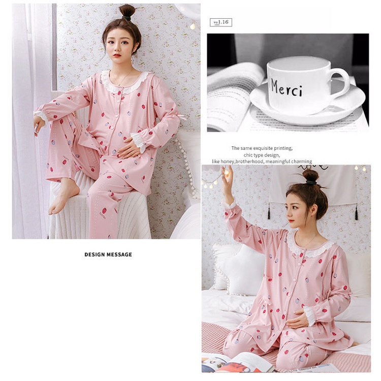 Bộ bầu - sau sinh mặc nhà - cho con bú - 2 chức năng - chất liệu cotton ( Qủa dâu chấm sọc - Dài )