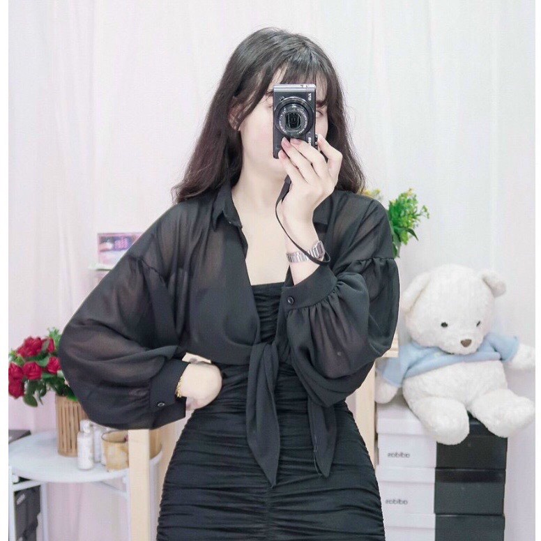 Áo Khoác Mùa Hè Voan Mỏng Nhẹ LARO Dáng Sơ Mi Lửng Cột Eo Siêu Xinh Phối Áo Váy Hai Dây Đi Tiệc - RANSH RA037