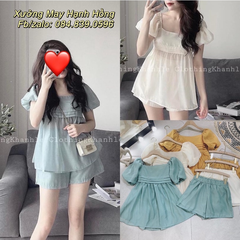 Set áo babydoll mix quần chất voan lụa, Set Váy Mix Áo Thun Viền MPB