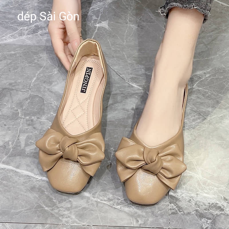 Giày Bệt Nữ Đế Bằng Đính Nơ Mũi vuông Xinh Xắn Mang Êm Chân.