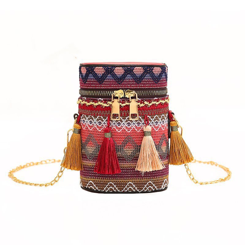 Womens Bohemian Style Woven Women Bucket Handbag Single Shoulder Crossbody Beach Bag Casual Tote Straw Wicker