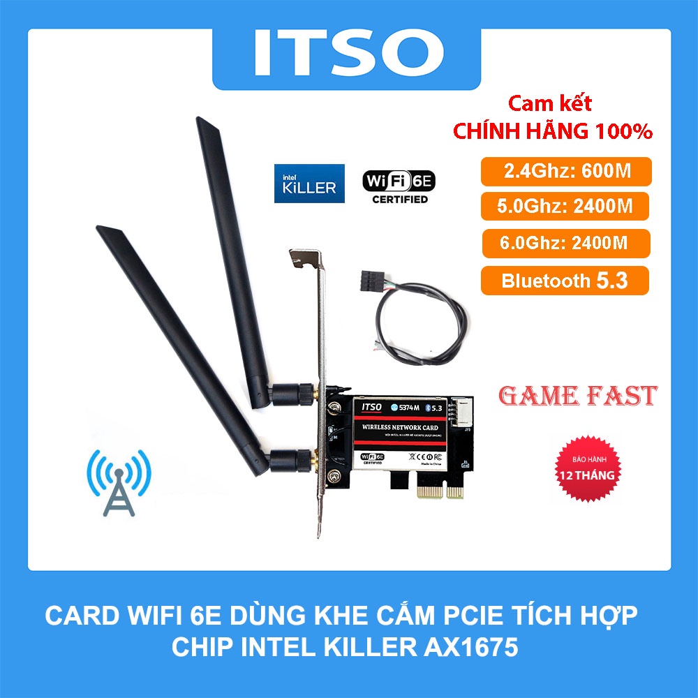 Card WIFI 6E dùng chip Intel Killer AX1675 chuyên game khe cắm PCI dùng cho máy bàn