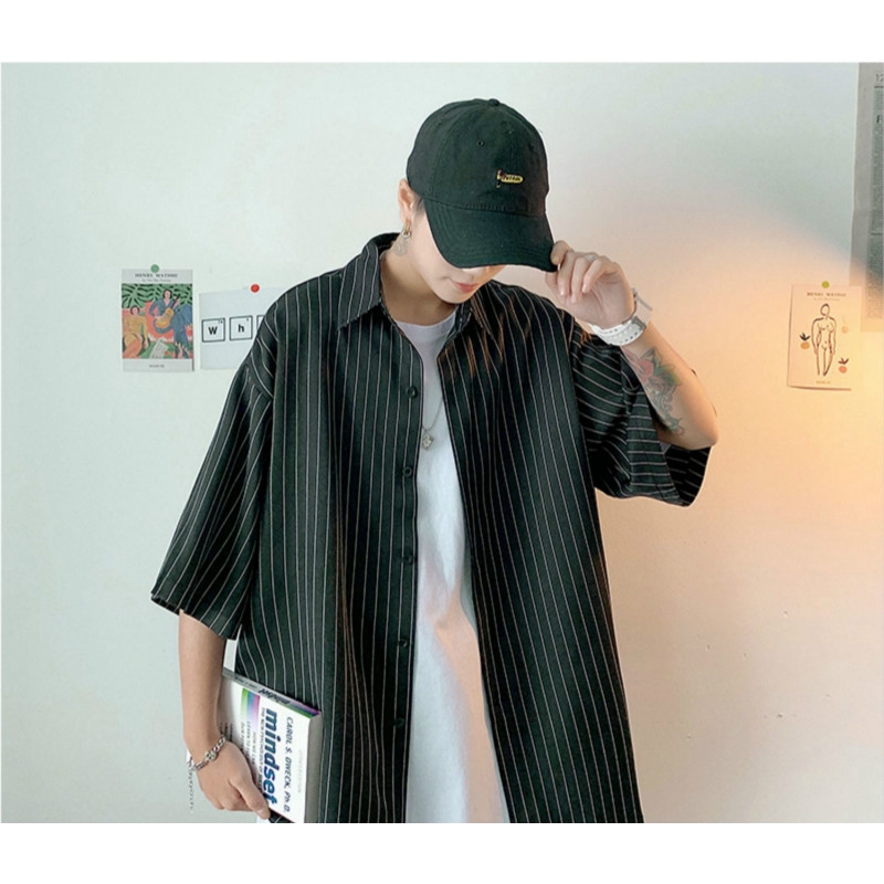 Áo sơ mi tay ngắn họa tiết kẻ sọc phong cách Hàn Quốc thời trang cho nam