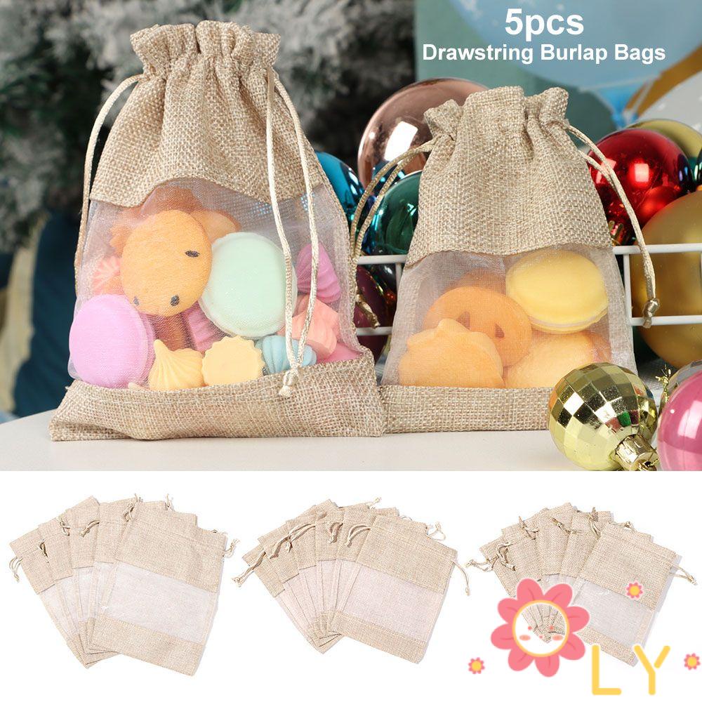 Bộ 5 Túi Đựng Trang Sức / Kẹo Bằng Vải Bố Có Dây Rút Tiện Dụng
