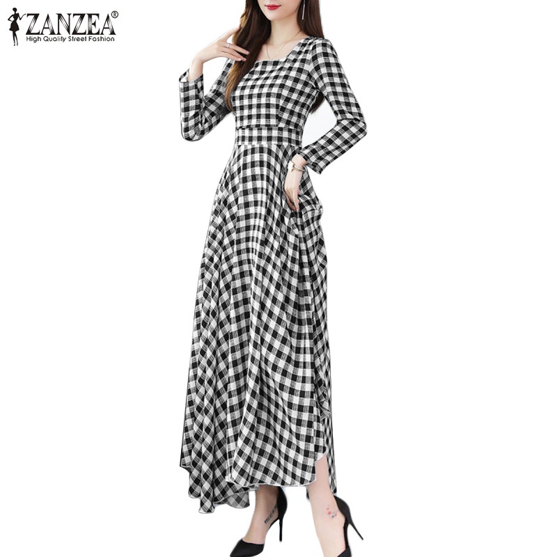 Đầm dài ZANZEA cổ vuông tay dài họa tiết kẻ ô thời trang dành cho nữ