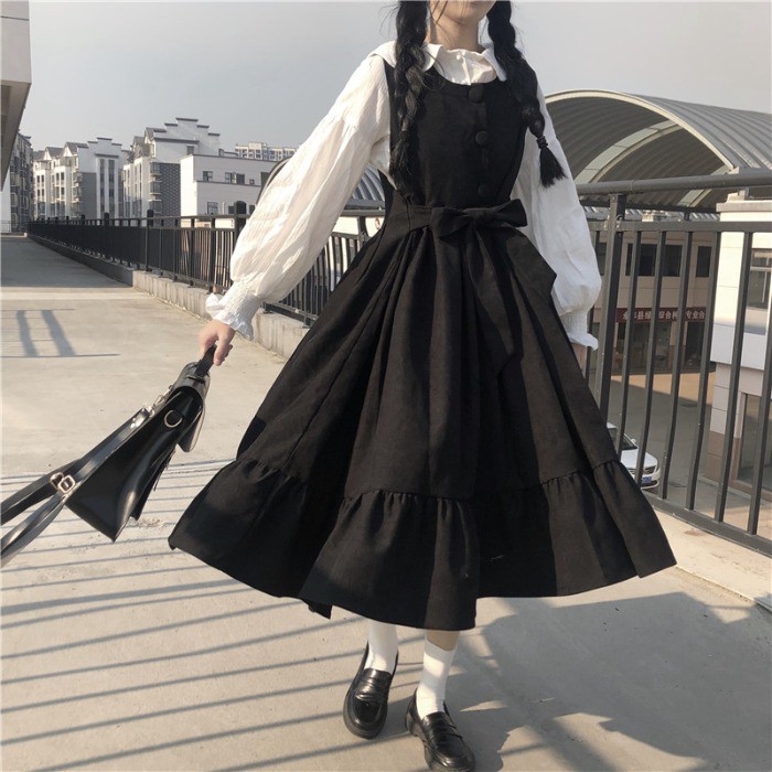 Váy đen thắt nơ lưng xoè tầng ulzzang lolita phong cách Nhật Bản mùa hè thu xuân cực xinh (ảnh thật cuối)