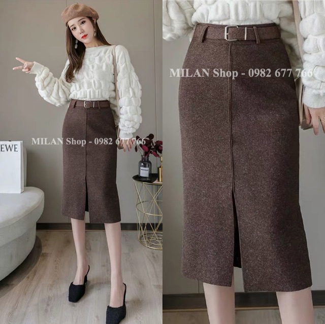 Chân váy dạ dài qua gối kèm đai trơn phom rộng | BigBuy360 - bigbuy360.vn