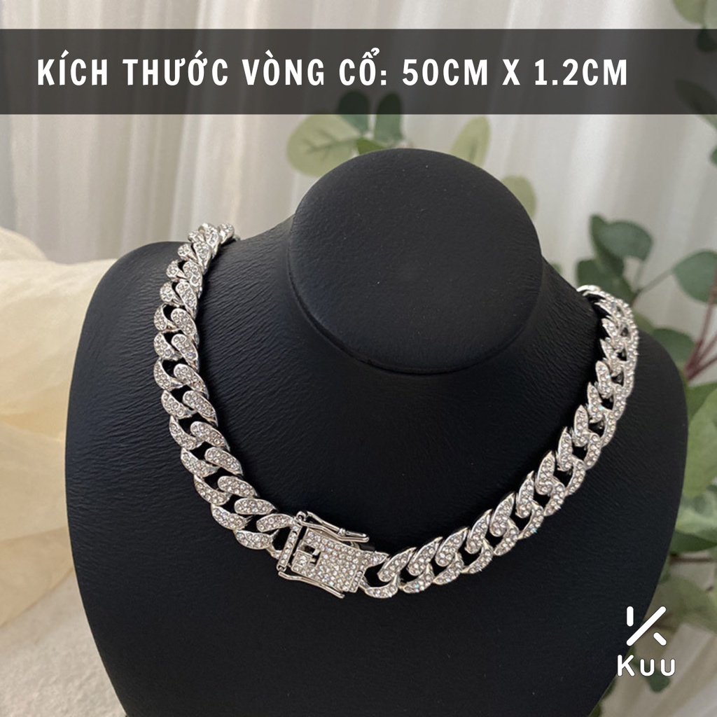 Vòng Cổ Nam Đính Đá Unisex PUN Cuban HipHop Dạng Chuỗi Xích 12mm Streetwear Thép Titan Không Gỉ - Cuban Đá