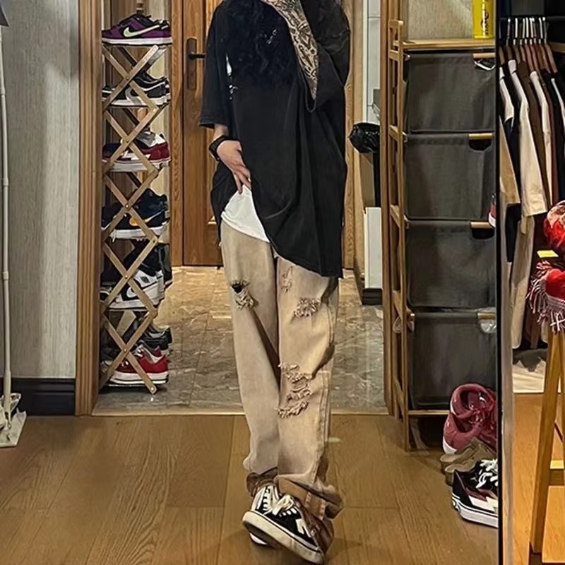 Quần Jean Nam Dài Dáng Rộng Co Giãn Tốt Phối Rách Kiểu Vintage Thời Trang Cho Nam Và Nữ Quần jean hang động retro Quần denim thẳng bình thường