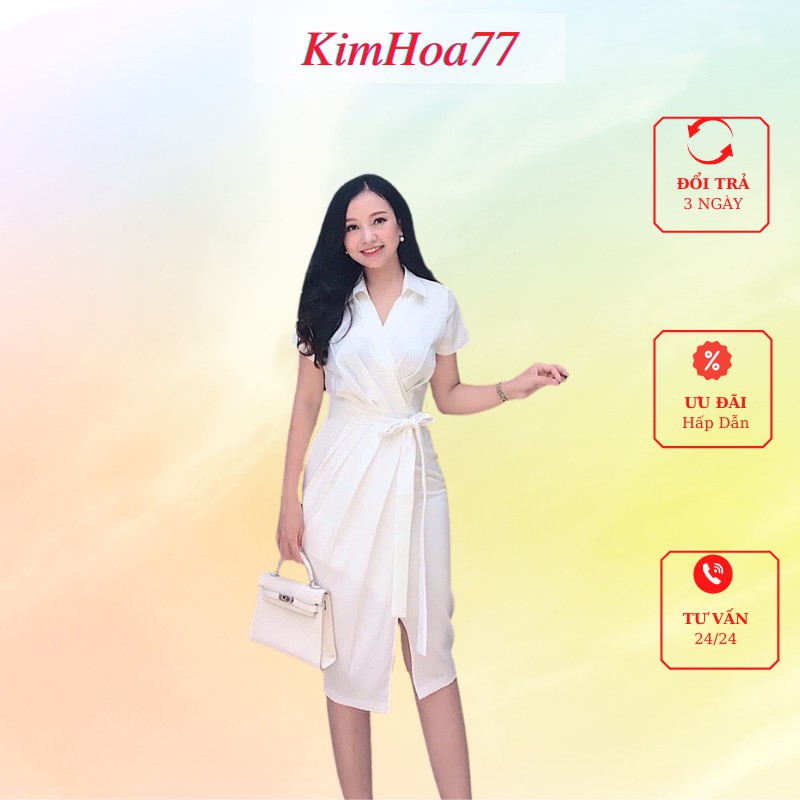Đầm sơ mi freesize chất kate lụa xếp ly chéo eo kimhoa77