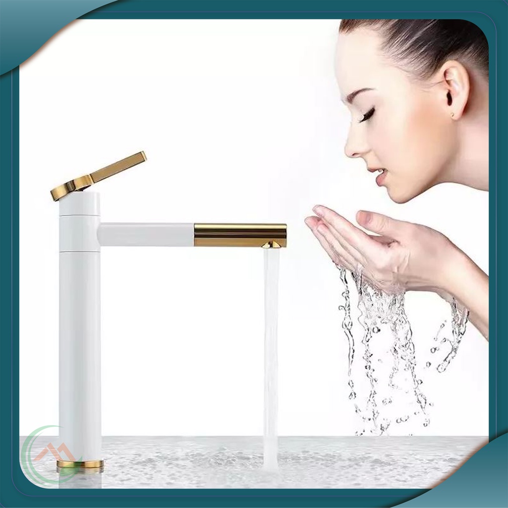 Vòi Lavabo, vòi chậu rửa mặt nóng lạnh điếu mỏ xi sơn tính điện Trắng Vàng chất liệu đồng cao cấp