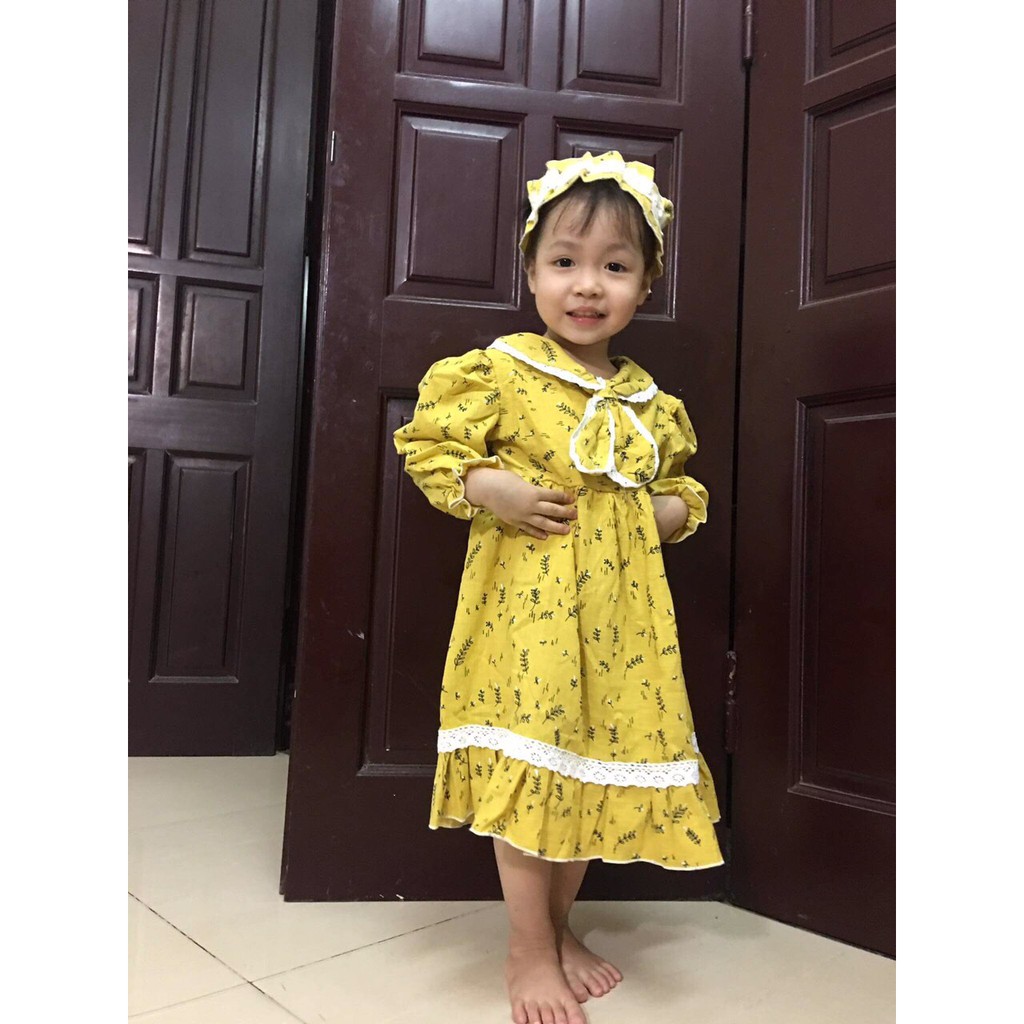 Váy cho bé gái từ 6-30kg - Thiết kế màu vàng phối ren kèm nơ cổ siêu đáng yêu (Tặng kèm băng đô cô hầu gái)