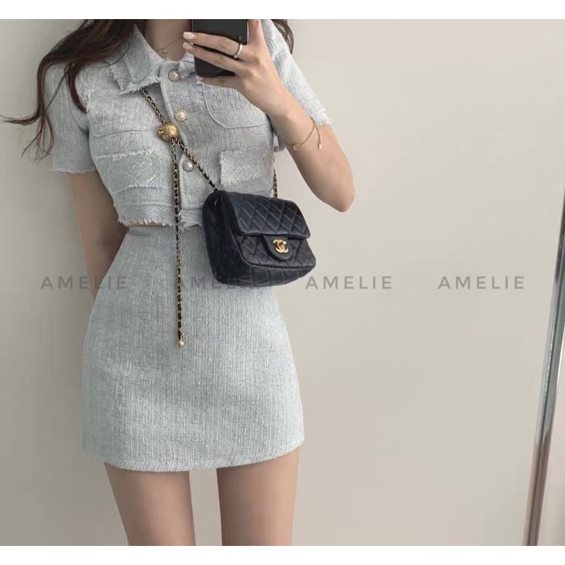 Set áo cúc ngọc kèm chân váy dạ tweed mỏng