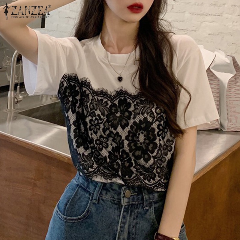 Áo thun ZANZEA tay ngắn phối ren cổ tròn cho nữ