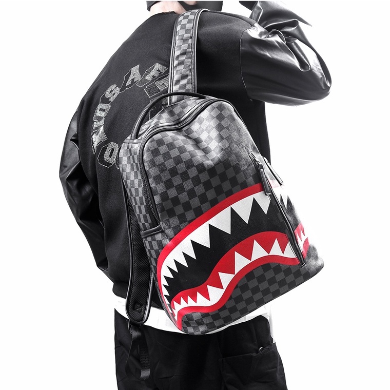 Balo SprayGround Caro/Black phong cách Bape cá mập, Bape Backpack, Chất liệu da chống nước size 32x40 DuSo