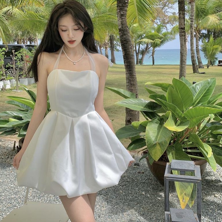 IELGY Đầm yếm thắt nơ dáng ngắn kiểu nụ hoa cỡ nhỏ thời trang mùa hè 2022 dành cho bạn nữ