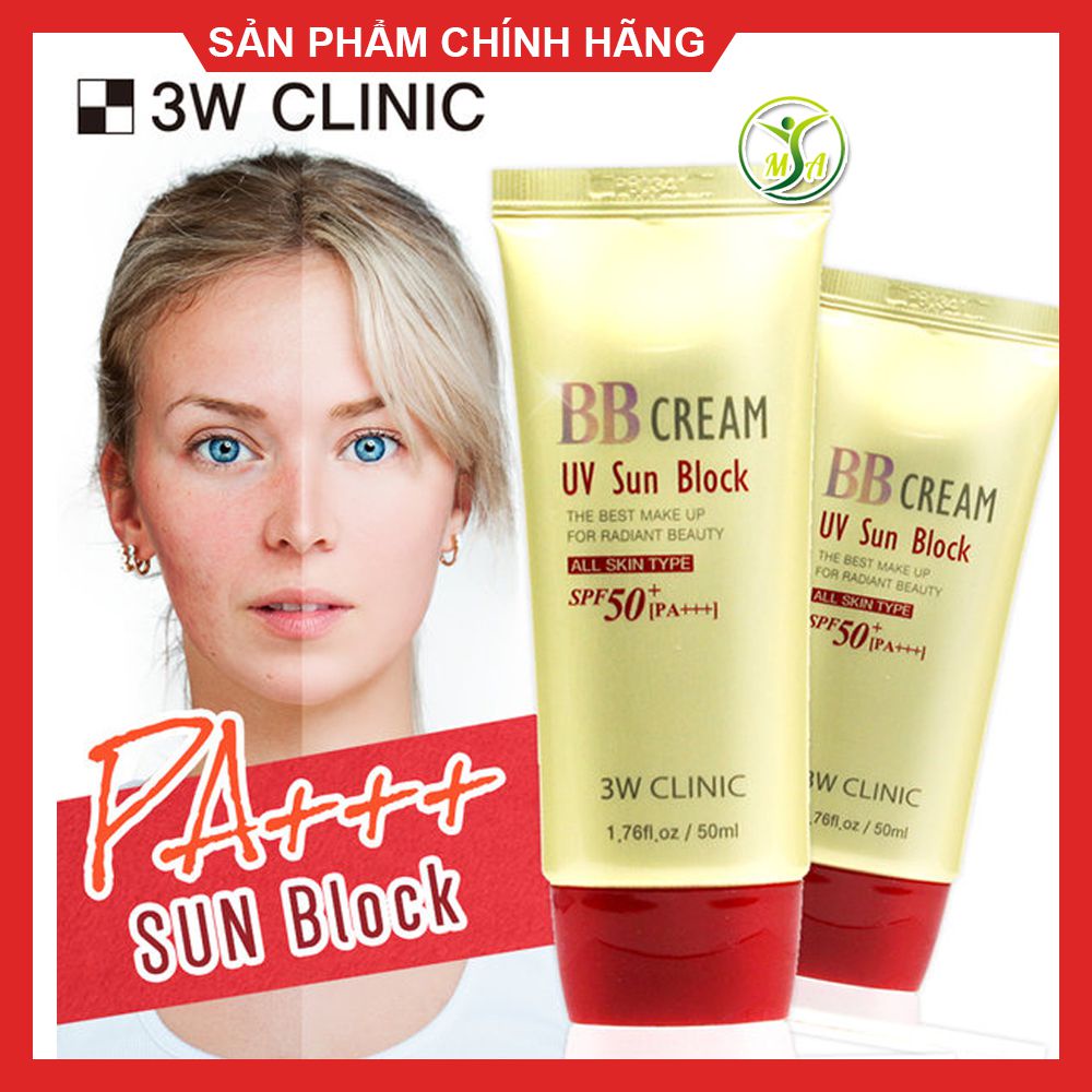 Kem Nền Đa Chức Năng Dưỡng Trắng Da, Chống Nắng Che  Khuyết Điểm BB Cream UV Sun Block 3W Clinic Hàn Quốc 50ml- VỎ ĐỎ