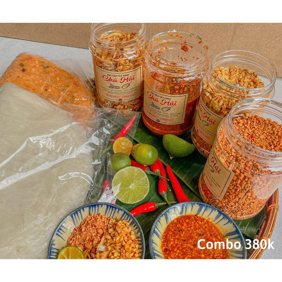 Combo 380k: Bánh tráng dẻo ớt, bánh tráng phơi sương, sốt, muối Tây Ninh, hành phi, tỏi phi