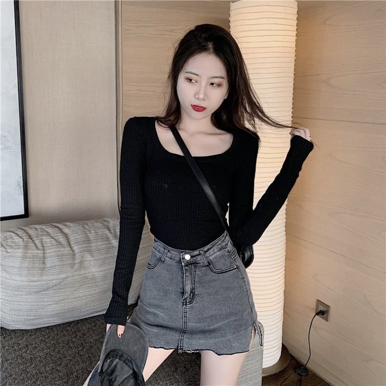 Áo thun COZOK tay dài dáng ôm cổ chữ U quyến rũ trẻ trung cho bạn gái