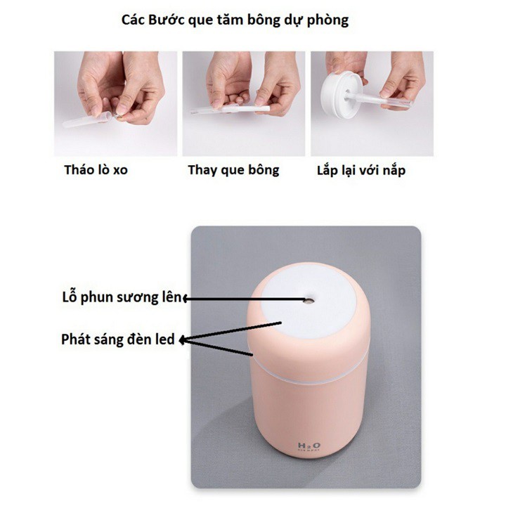 Máy Phun Sương Mini Xông Tinh Dầu Tạo Ẩm Tích Hợp Đèn Led 7 Màu H2O