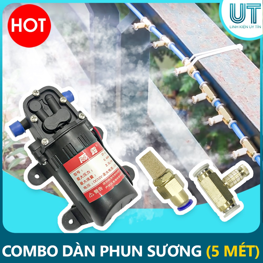 COMBO bộ dàn máy bơm phun sương sân vườn 5 MÉT 6 ĐẦU PHUN TẠO HƠI NƯỚC - 3,5 lít/Min,12V5A, 0,48Mpa
