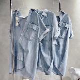 Áo sơ mi bò ngắn tay túi hộp- sơ mi jean trơn cộc tay from rộng unisex Màu xanh phong cách ulzzang hàn quốc