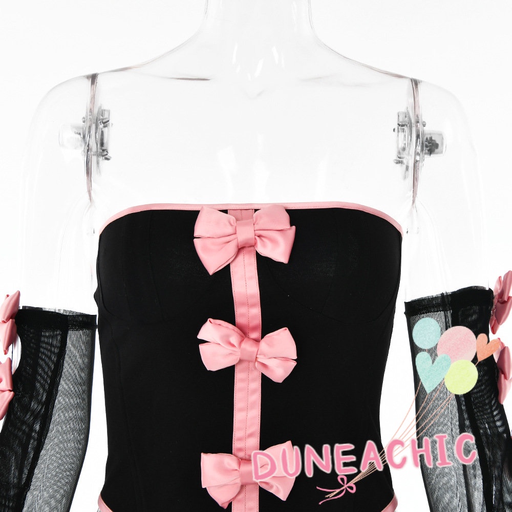 DUNEA Set đồ 2 món gồm áo ống hở vai thắt nơ và chân váy màu trơn gợi cảm cho nữ