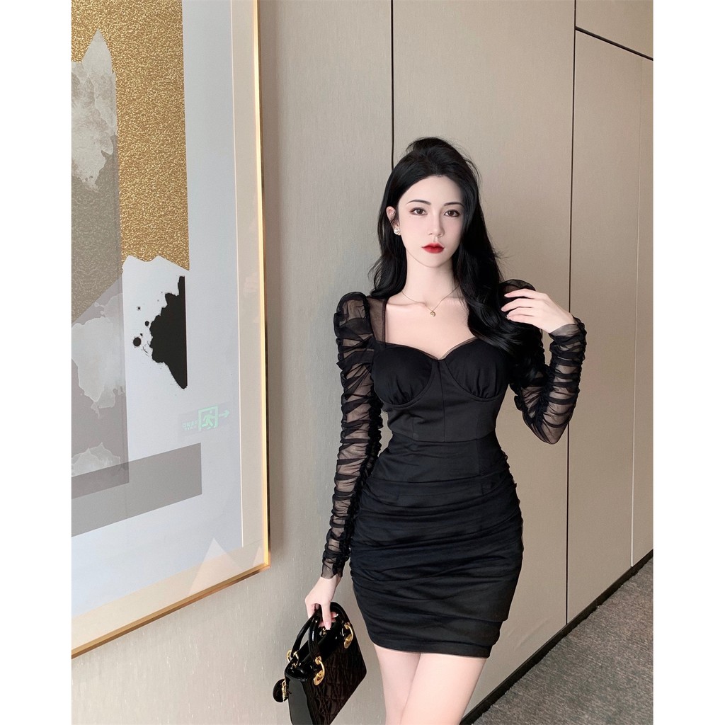 Đầm đen dài tay phối voan phong cách gợi cảm sang trọng hàng Quảng Châu cao cấp mùa thu 2021 váy ngắn