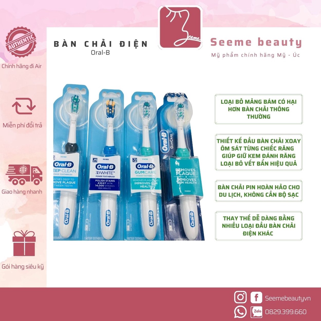 [HÀNG MỸ] Bàn Chải Điện Oral B dùng Pin AA Gum care, 3D White, Deep Clean - Đầu bàn chải thay thế SeeMe beauty BF-036