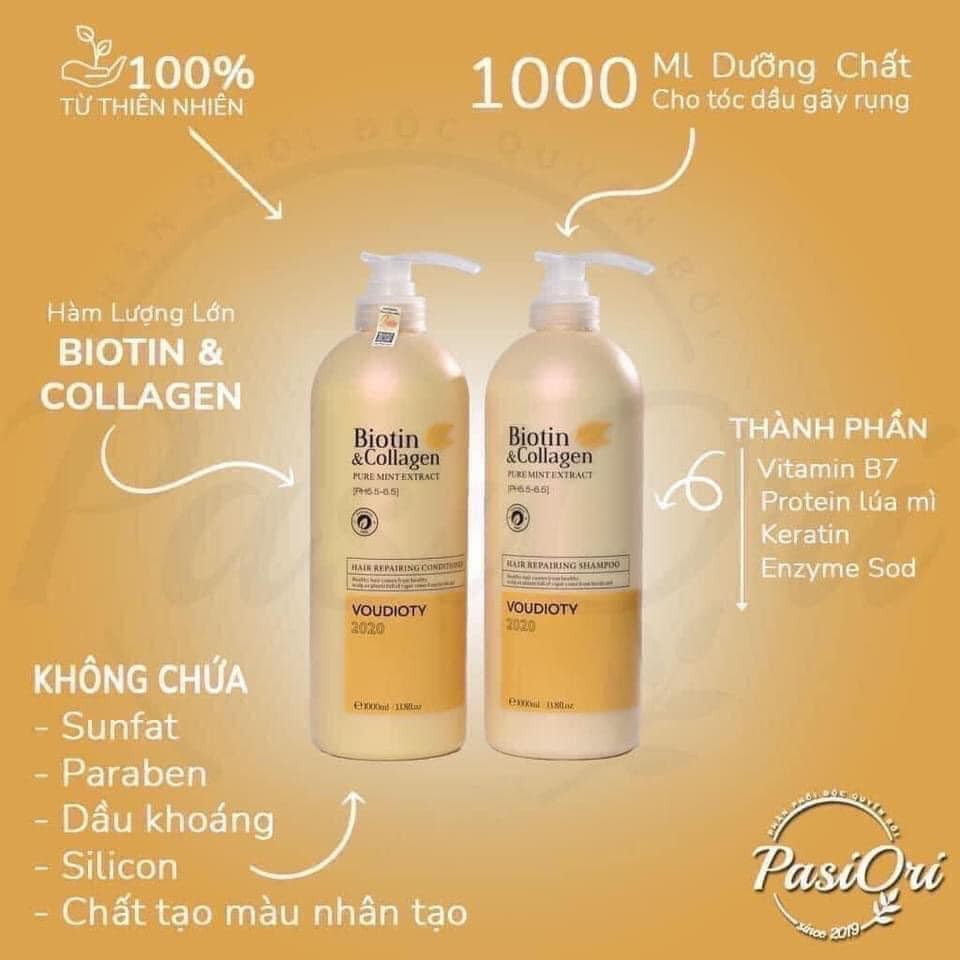 Cặp Dầu Gội Xả BIOTIN VÀNG - BIOTIN COLLAGEN Giảm Rụng Tóc Phục Hồi Khô Sơ Hư Tổn 1000ML