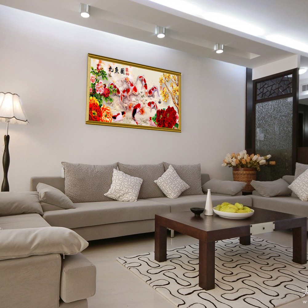 Bộ làm tranh đính đá 5D hình 9 con cá và hoa mẫu đơn | BigBuy360 - bigbuy360.vn