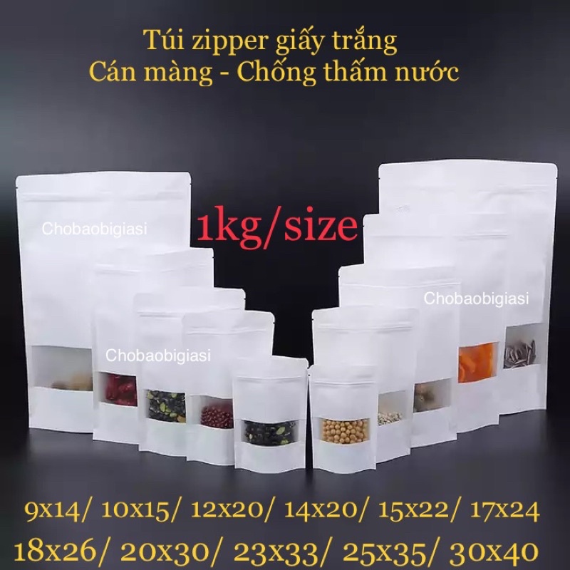 {Giá sốc 1kg/ size} Túi zipper giấy Kraft MÀU TRẮNG đáy đứng cửa sổ tràn có CÁN MÀNG - CHỐNG THẤM NƯỚC (sp y hình)