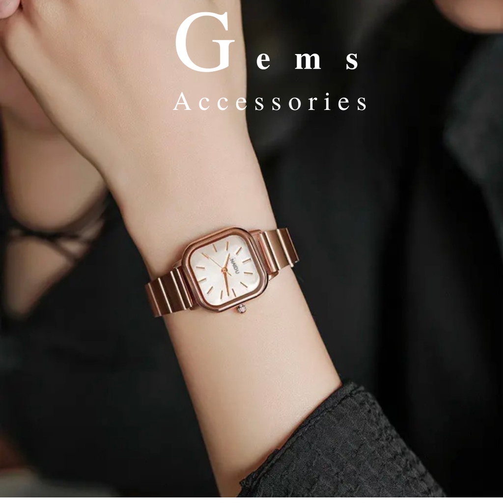 Đồng Hồ Nữ Dây Kim Loại Cao Cấp Chính Hãng NAIDU Mặt Vuông Đẹp Thanh Lịch Giá Rẻ Gems ACC