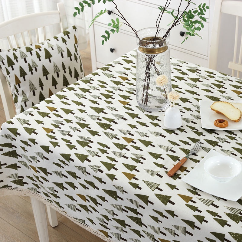 Khăn Trải Bàn Hình Chữ Nhật Bằng Vải Cotton Lanh Phối Ren Họa Tiết Hoa Đơn Giản Phong Cách Nhật Bản