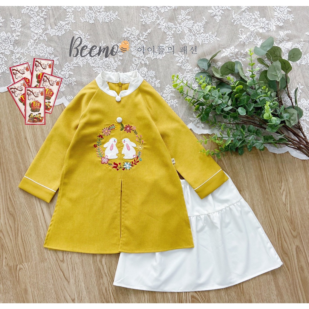 (8-23kg)Set Áo Dài Bé Gái Thêu Thỏ Ngọc Đính Hoa Chất Vải Nhung Chéo Mềm Mịn Hàng Chính Hãng Beemo(ảnh thật)