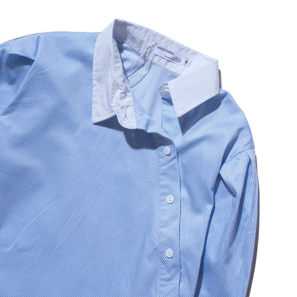 Áo Sơ Mi Nữ Dài Tay Sọc Phối Cổ Xéo Màu Xanh MIRABOZZI Chất Vải COTTON Thoáng Mát, Đường May Tỉ Mỉ MSHF016
