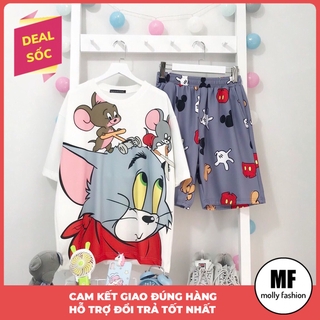 Đồ bộ hoạt hình form rộng Unisex MÈO TOM gồm áo thun tay lỡ phối quần short Freesize dành cho nam nữ Molly Fashion