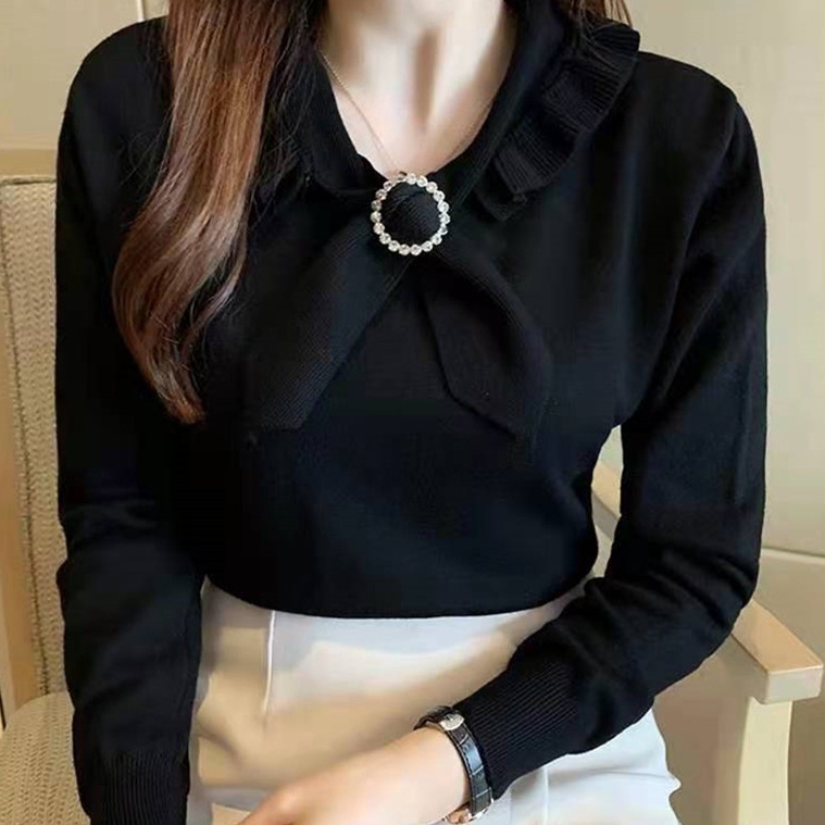 SUXI Áo Dệt Kim Tay Dài Dáng Rộng Màu Sắc Đơn Giản Phong Cách Vintage