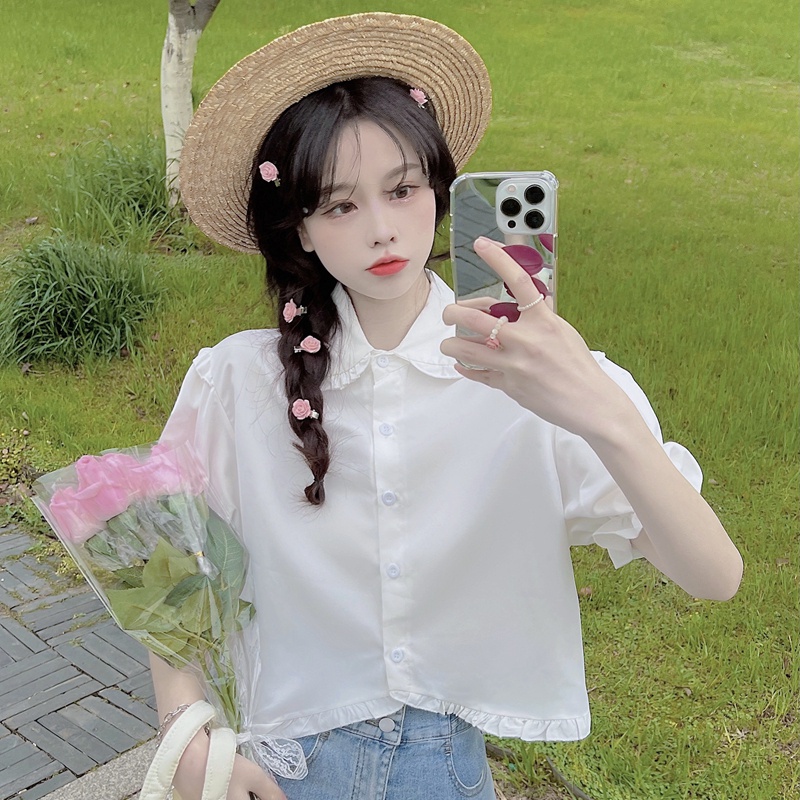 SUXI Áo Sơ Mi Tay Ngắn Cổ Búp Bê Màu Sắc Đơn Giản Thời Trang Mùa Hè Xinh Xắn Cho Nữ