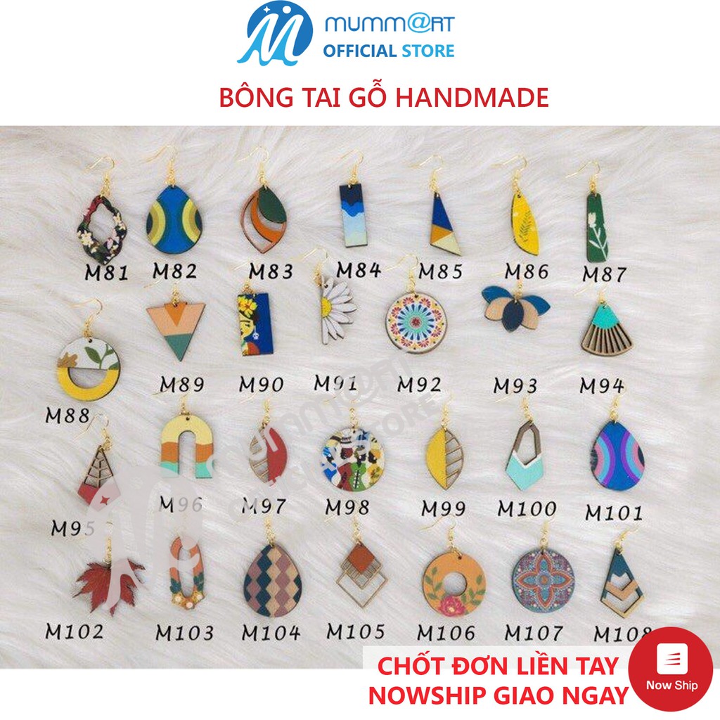 Bông tai handmade phong cách vintage, hình tròn, tam giác, chữ nhật bằng gỗ - Mummart