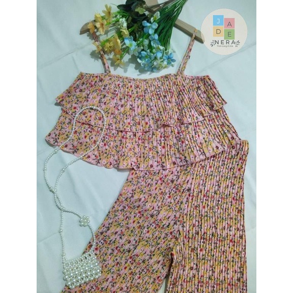 Set hoa vintage dập li 2 dây quần dài, 2 tầng, loại 1 - Freesize , tùy chiều cao