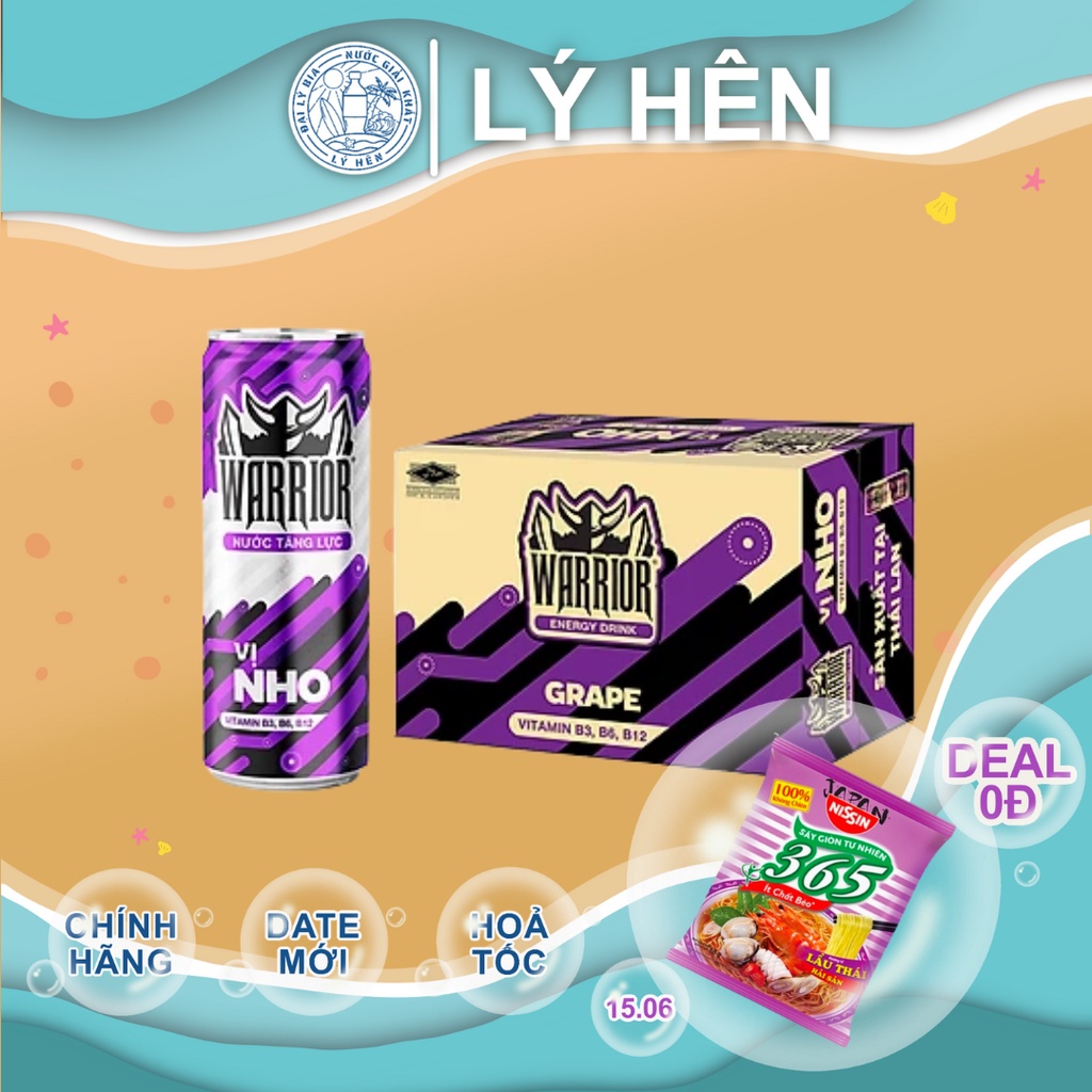 Thùng 24 Lon Nước Uống Tăng Lực Warrior Dâu Đỏ - Nho Tím Thái Lan Energy Drink Lon 325ml Date Luôn Mới