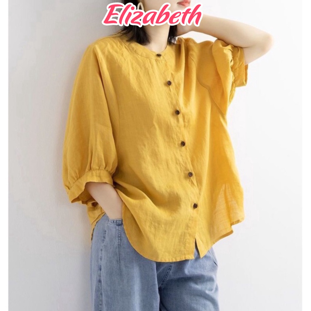 Áo sơ mi nữ cổ tròn tay lỡ form rộng bigsize Elizabeth chất liệu đũi tơ mềm nhẹ mát SMH.34