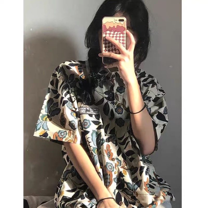 Áo sơmi hoạ tiết hình retro vintage áo khoác sơ mi form rộng