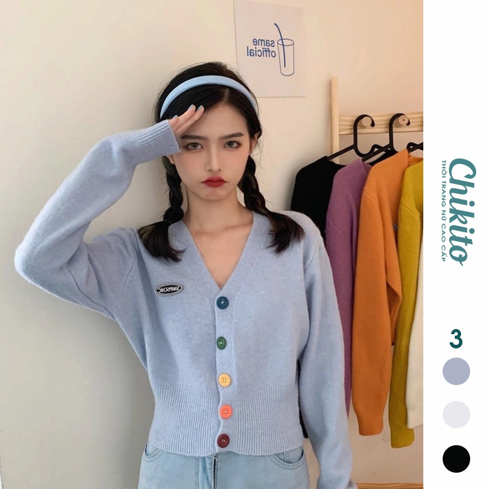 CHIKITO | Áo Thun Len Cardigan Tay Dài Cổ V - Áo Nút Nhiều Màu Quảng Châu Ulzzang