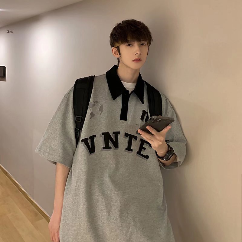 Áo polo Tay Ngắn Có Cổ In Chữ Phong Cách Hàn Quốc Thời Trang Mùa Hè Cho Nam