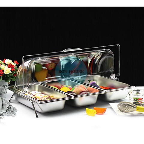 Bộ khay inox 3 ngăn có nắp đậy bằng nhựa mica trong suốt mở 180 độ đựng đồ ăn